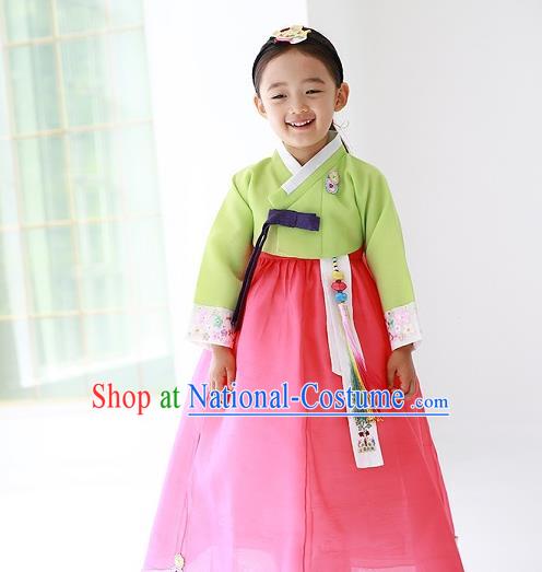 Asian Korean Traditional Handmade Formal Occasions Costume Princess Embroidered Green Blouse and Pink Dress Hanbok Clothing for Girls