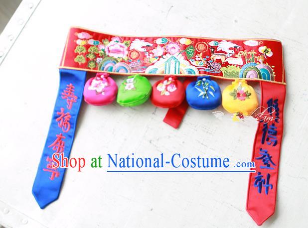 Traditional Korean National Accessories Embroidered Red Waist Belts, Asian Korean Fashion Waistband Decorations for Kids