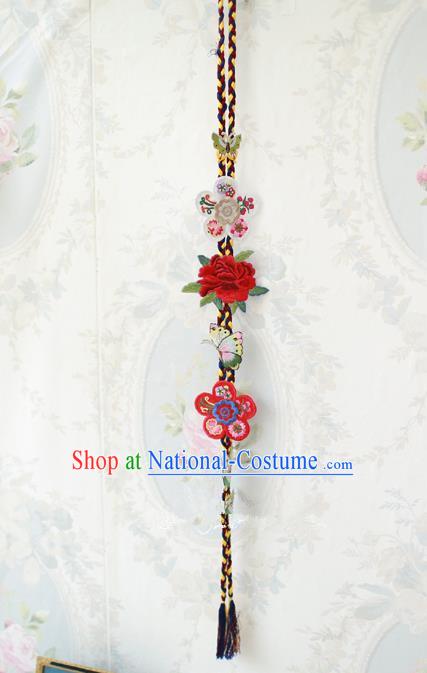 Traditional Korean Accessories Embroidered Butterfly Red Peony Waist Pendant, Asian Korean Fashion Wedding Tassel Waist Decorations for Women