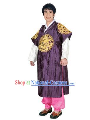 Korean National Traditional Handmade Wedding Embroidery Hanbok Costume, Asian Korean Bridegroom Purple Dragon Robe for Men