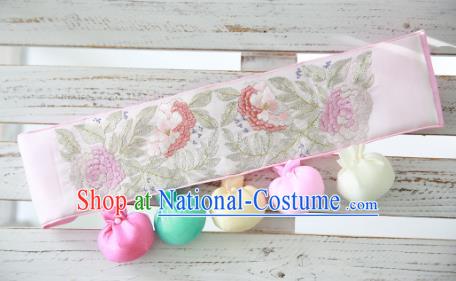 Traditional Korean Accessories Embroidered Flowers Pink Waist Belts, Asian Korean Fashion Hanbok Waistband Decorations for Kids