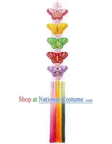 Korean National Accessories Bride Embroidered Butterfly Waist Pendant, Asian Korean Wedding Hanbok Colorful Tassel Palace Taeniasis Waist Decorations for Women