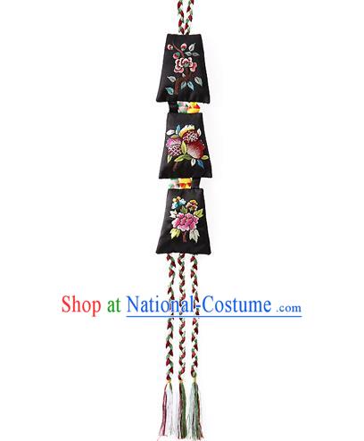 Asian Korean Hanbok Embroidered Peony Black Waist Decorations, Korean National Belts Accessories Wedding Bride Waist Pendant for Women