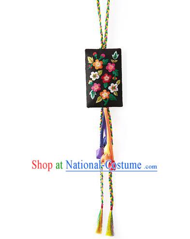 Asian Korean Hanbok Embroidered Flowers Black Waist Decorations, Korean National Belts Accessories Wedding Bride Waist Pendant for Women