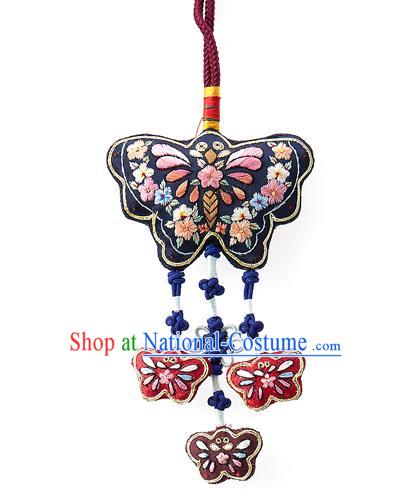 Asian Korean Hanbok Embroidered Butterfly Navy Waist Decorations, Korean National Belts Accessories Wedding Bride Waist Pendant for Women