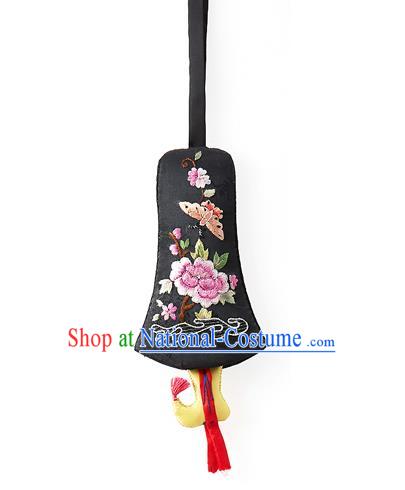 Asian Korean Hanbok Embroidered Flowers Black Waist Decorations, Korean National Belts Accessories Wedding Bride Waist Pendant for Women