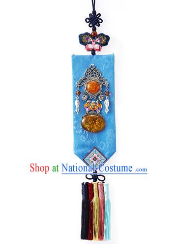 Asian Korean Hanbok Embroidered Blue Waist Decorations, Korean National Belts Accessories Wedding Bride Waist Pendant for Women