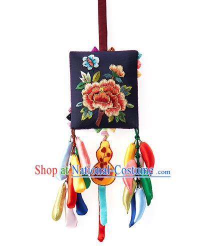 Asian Korean National Belts Accessories Bride Wedding Hanbok Embroidered Flowers Waist Pendant, Korean Navy Waist Decorations for Women