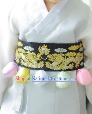 Traditional Korean Accessories Embroidered Dragon Black Waist Belts, Asian Korean Fashion Waistband Decorations for Kids