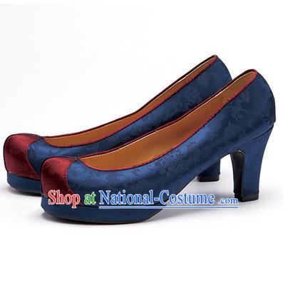 Traditional Korean National Wedding Embroidered Deep Blue High-heeled Shoes, Asian Korean Hanbok Bride Embroidery Satin Shoes for Women