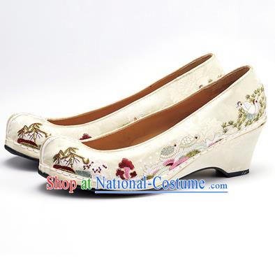 Traditional Korean National Wedding Shoes Embroidered Shoes, Asian Korean Hanbok Embroidery White Bride Court Shoes for Women