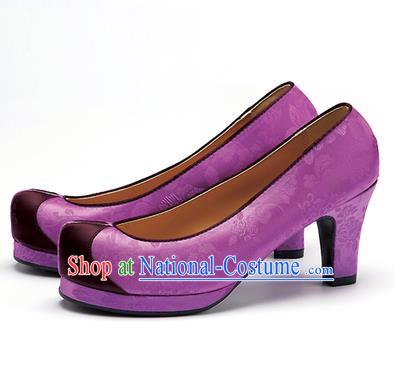 Traditional Korean National Wedding Shoes Purple Embroidered Shoes, Asian Korean Hanbok High-heeled Court Shoes for Women