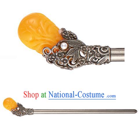 Traditional Korean Hair Accessories Bride Wedding Yellow Hairpins, Asian Korean Hanbok Fashion Palace Headwear Hair Stick for Women