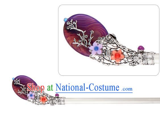 Traditional Korean National Hair Accessories Bride Wedding Purple Hairpins, Asian Korean Hanbok Fashion Headwear Hair Stick for Women