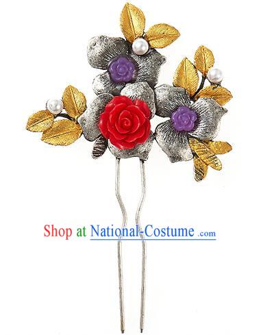 Traditional Korean National Wedding Hair Accessories Bride Palace Rose Flowers Hairpins, Korean Hanbok Fashion Hair Stick Headwear for Women