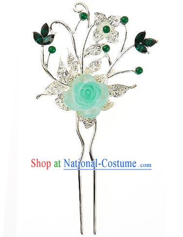 Traditional Korean National Wedding Hair Accessories Bride Palace Green Flower Hairpins, Korean Hanbok Fashion Hair Stick Headwear for Women