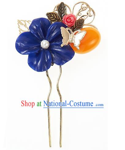 Traditional Korean National Wedding Hair Accessories Bride Palace Blue Flower Butterfly Hairpins, Korean Hanbok Fashion Hair Stick Headwear for Women