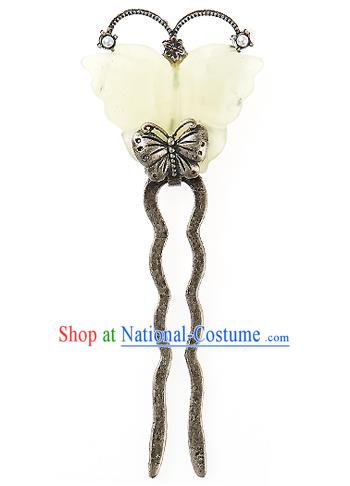 Traditional Korean National Wedding Hair Accessories Bride Palace Jade Butterfly Hairpins, Korean Hanbok Fashion Hair Stick Headwear for Women