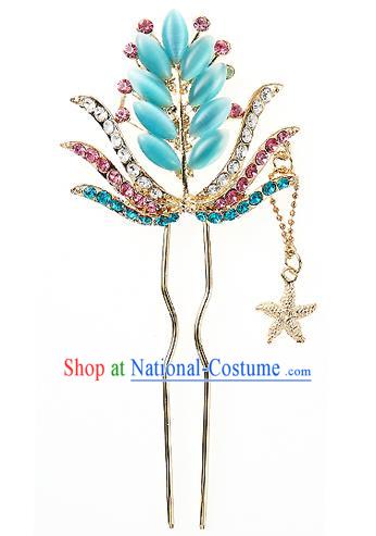 Traditional Korean National Wedding Hair Accessories Bride Palace Blue Crystal Hairpins, Korean Hanbok Fashion Hair Stick Headwear for Women