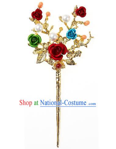 Traditional Korean National Wedding Hair Accessories Bride Palace Cyphers Rose Golden Hairpins, Korean Hanbok Fashion Hair Stick Headwear for Women