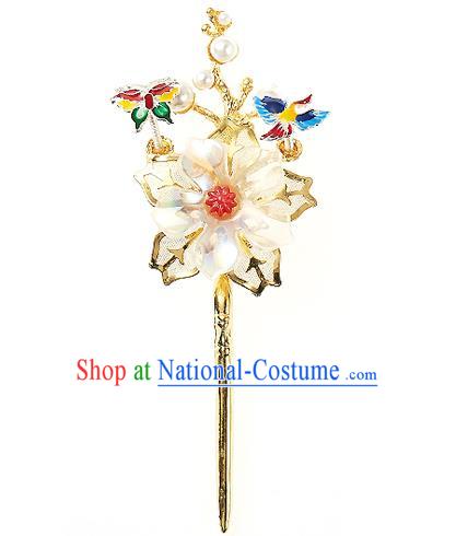 Traditional Korean National Wedding Hair Accessories Bride Palace Cyphers Blueing Butterfly Flowers Hairpins, Korean Hanbok Fashion Hair Stick Headwear for Women