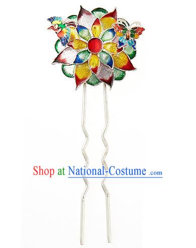 Traditional Korean National Wedding Hair Accessories Bride Palace Cyphers Blueing Lotus Hairpins, Korean Hanbok Fashion Hair Stick Headwear for Women