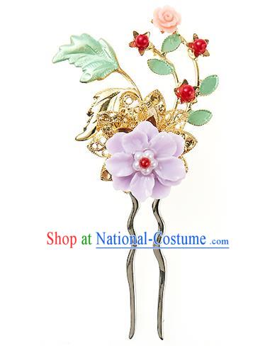 Traditional Korean National Wedding Hair Accessories Bride Palace Cyphers Purple Flower Hairpins, Korean Hanbok Fashion Hair Stick Headwear for Women