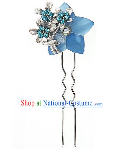 Traditional Korean National Wedding Hair Accessories Bride Palace Cyphers Blue Flower Crystal Hairpins, Korean Hanbok Fashion Hair Stick Headwear for Women