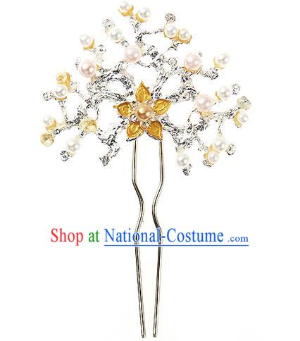 Traditional Korean National Wedding Hair Accessories Bride Palace Cyphers Yellow Flower Pearls Crystal Hairpins, Korean Hanbok Fashion Hair Stick Headwear for Women