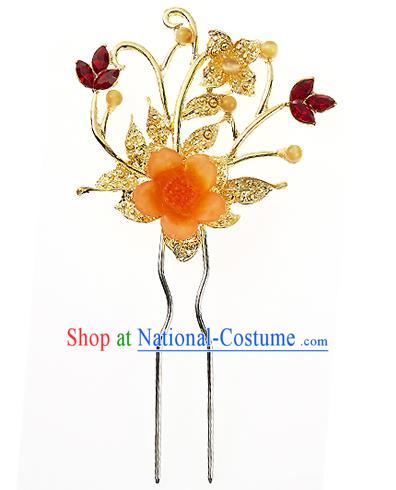 Traditional Korean National Wedding Hair Accessories Bride Palace Cyphers Orange Flower Crystal Hairpins, Korean Hanbok Fashion Hair Stick Headwear for Women