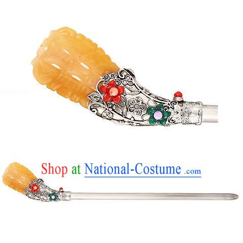 Traditional Korean National Hair Accessories Bride Yellow Colored Glaze Hairpins, Asian Korean Hanbok Fashion Headwear Hair Stick for Women