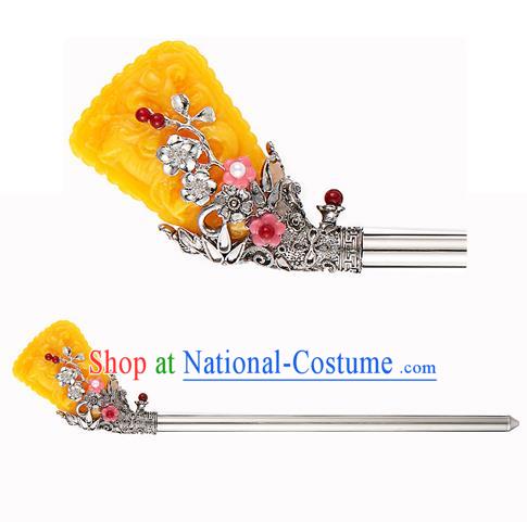 Traditional Korean National Hair Accessories Bride Yellow Colored Glaze Hairpins, Asian Korean Hanbok Fashion Headwear Hair Stick for Women