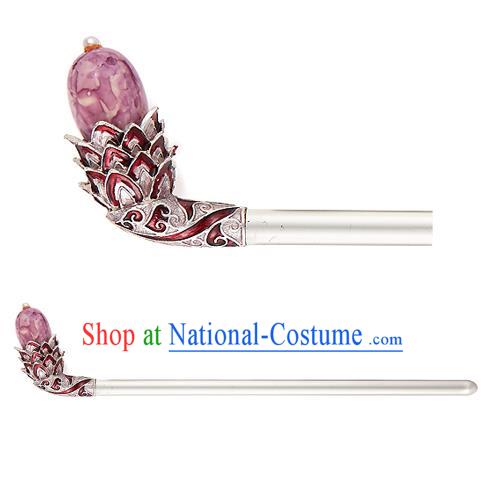 Traditional Korean National Hair Accessories Bride Purple Colored Glaze Hairpins, Asian Korean Hanbok Fashion Headwear Hair Stick for Women