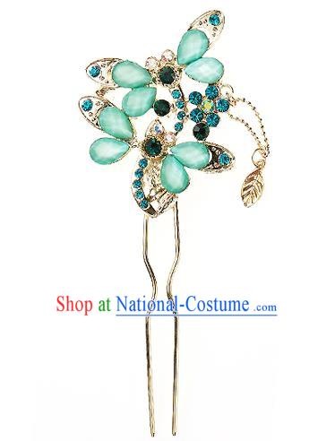 Korean National Wedding Hair Accessories Bride Palace Cyphers Green Butterfly Hairpins, Korean Hanbok Fashion Hair Stick Headwear for Women