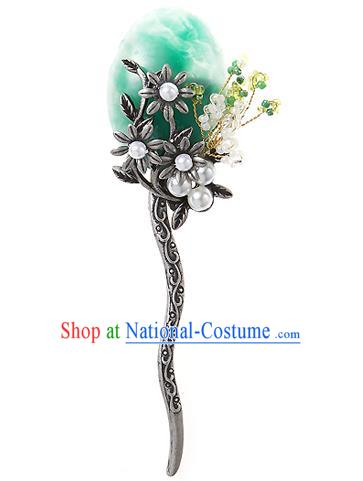 Korean National Wedding Hair Accessories Bride Palace Cyphers Green Flowers Hairpins, Korean Hanbok Fashion Hair Stick Headwear for Women