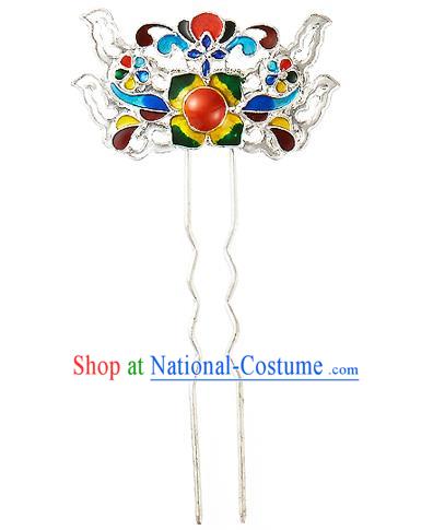 Korean National Wedding Hair Accessories Bride Palace Cyphers Blueing Flowers Hairpins, Korean Hanbok Fashion Hair Stick Headwear for Women