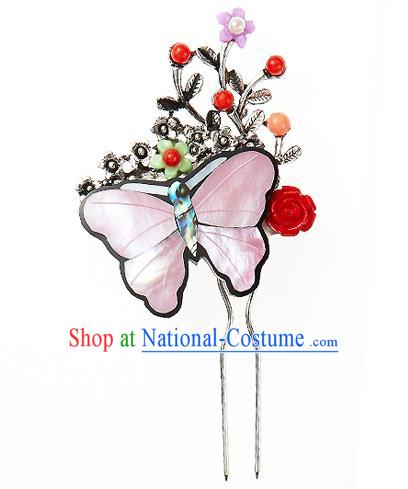 Korean National Wedding Hair Accessories Bride Pink Butterfly Hairpins, Korean Hanbok Fashion Palace Hair Stick for Women