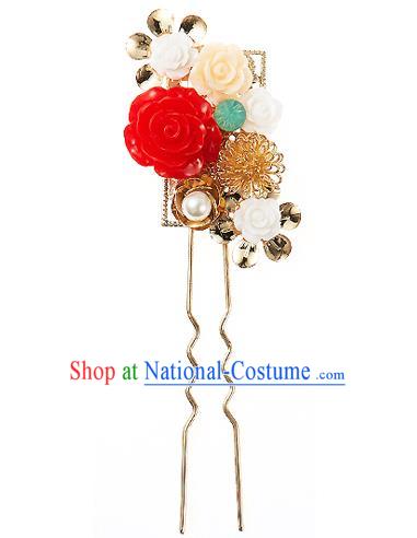 Korean National Wedding Hair Accessories Bride Red Flower Hairpins, Korean Hanbok Fashion Palace Hair Clasp for Women