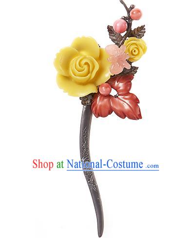 Korean National Wedding Hair Accessories Bride Hairpins Yellow Rose Hair Clip, Korean Hanbok Fashion Palace Hair Clasp for Women