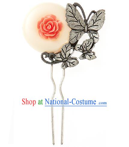 Korean National Wedding Hair Accessories Bride Hairpins Rose Butterfly Hair Clip, Korean Hanbok Fashion Palace Hair Clasp for Women