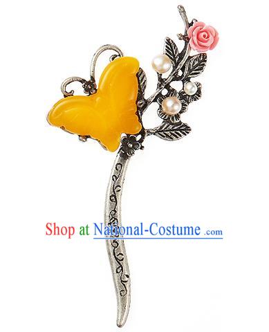 Korean National Wedding Hair Accessories Bride Yellow Butterfly Hair Clip, Korean Hanbok Fashion Palace Hairpins for Women