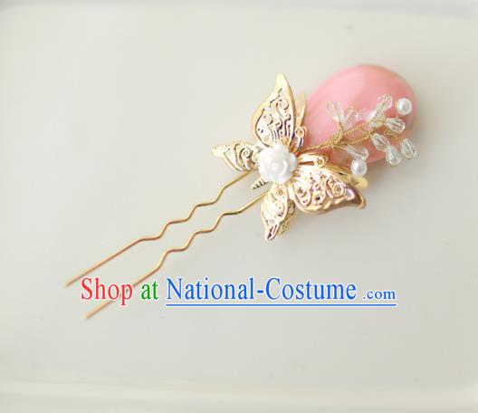 Korean National Hair Accessories Butterfly Pink Hairpins, Asian Korean Hanbok Fashion Bride Wedding Hair Stick Headwear for Women