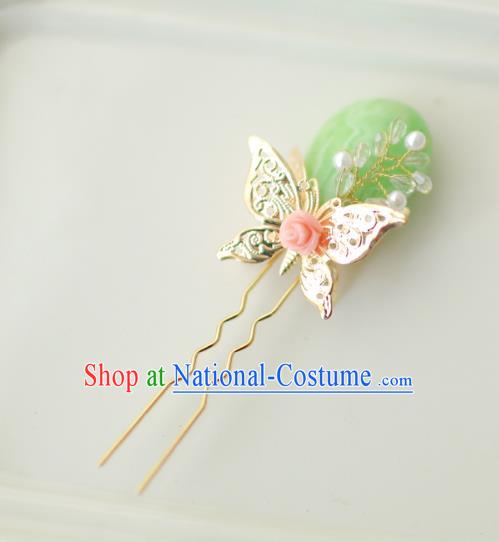 Korean National Hair Accessories Butterfly Green Hairpins, Asian Korean Hanbok Fashion Bride Wedding Hair Stick Headwear for Women