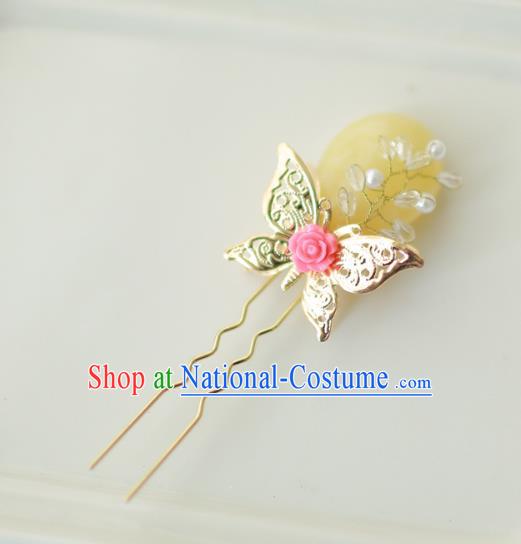 Korean National Hair Accessories Butterfly Yellow Hairpins, Asian Korean Hanbok Fashion Bride Wedding Hair Stick Headwear for Women