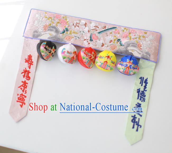 Traditional Korean Accessories Embroidered Birds Flowers Pink Waist Belts, Asian Korean Fashion Waistband Decorations for Kids