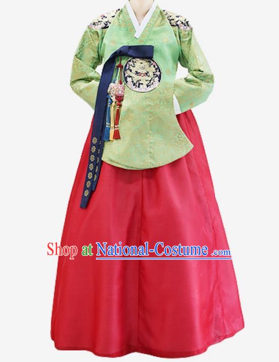 Top Grade Korean National Handmade Wedding Clothing Palace Bride Hanbok Costume Embroidered Green Blouse and Red Dress for Women