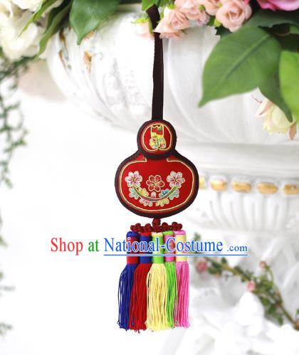 Asian Korean Hanbok Embroidered Red Waist Decorations, Korean National Belts Accessories Wedding Bride Waist Pendant for Kids