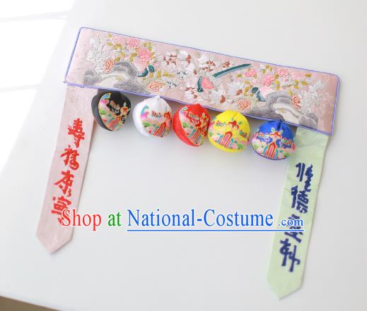 Traditional Korean Accessories Embroidered Birds Flowers Pink Waist Belts, Asian Korean Fashion Waistband Decorations for Kids