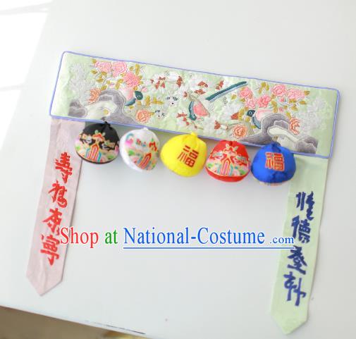 Traditional Korean Accessories Embroidered Birds Flowers Green Waist Belts, Asian Korean Fashion Waistband Decorations for Kids