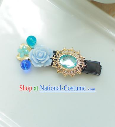 Korean National Hair Accessories Wedding Blue Flower Hair Claw, Asian Korean Hanbok Hair Stick Headwear for Kids